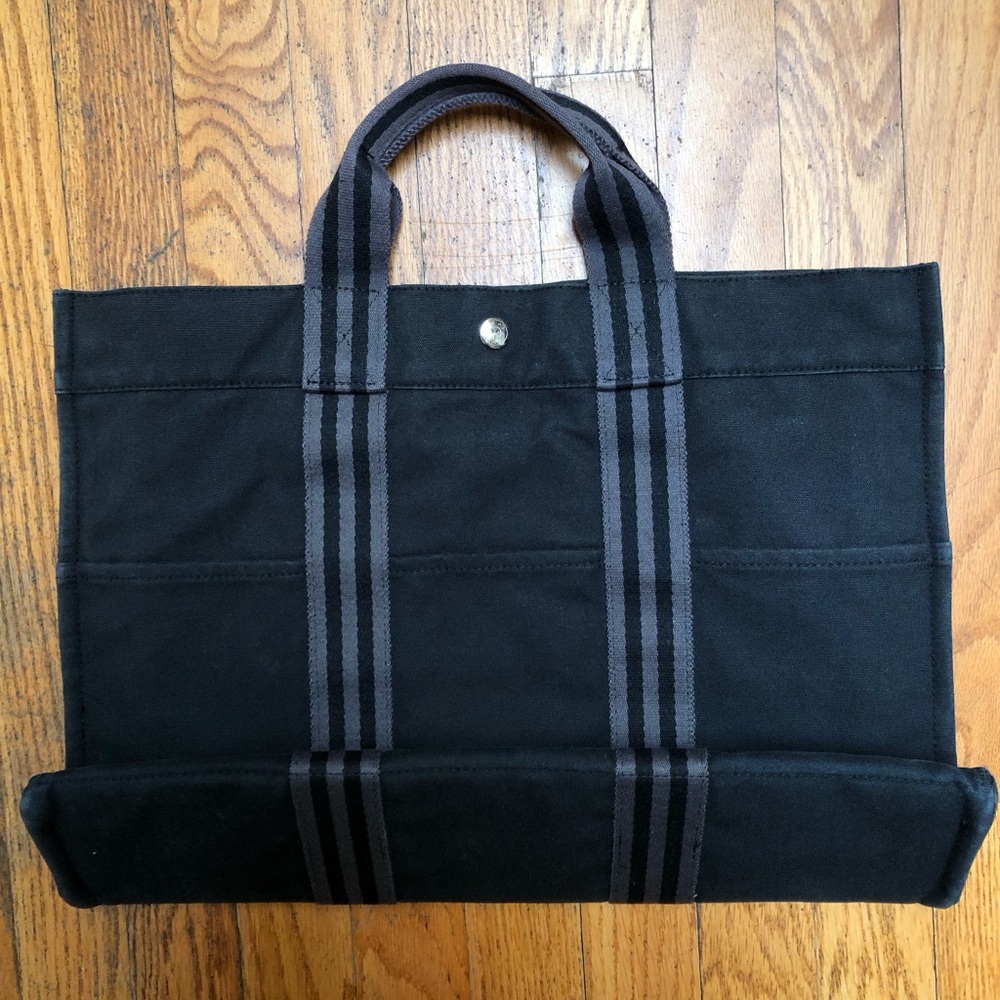 Auth Unisex Hermes Ferre-Tout MM canvas tote bag in Black/Gray (Medium size)